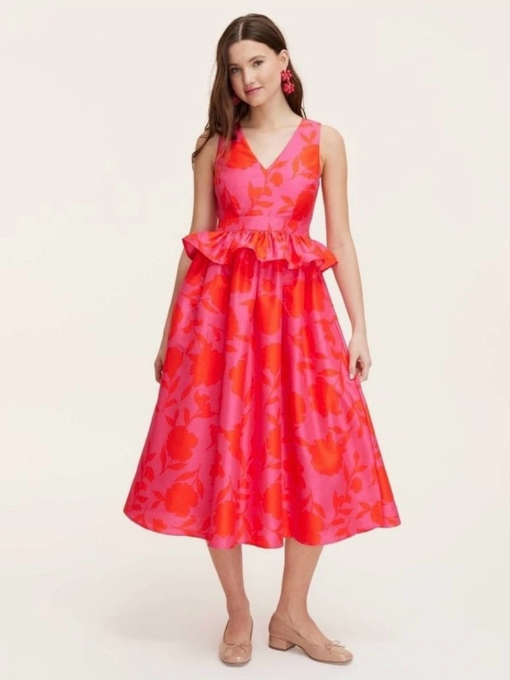 V-Neck Pink and Red Floral Peplum Midi Dress